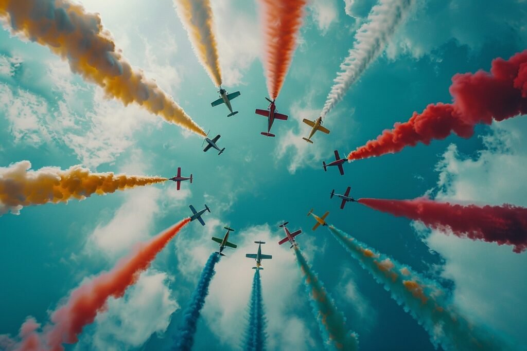 Here is the alt text in English: "A group of airplanes flying in a circle with red, white, and blue smoke trails."