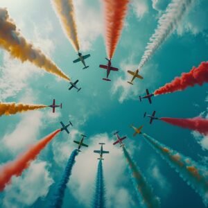 Here is the alt text in English: "A group of airplanes flying in a circle with red, white, and blue smoke trails."