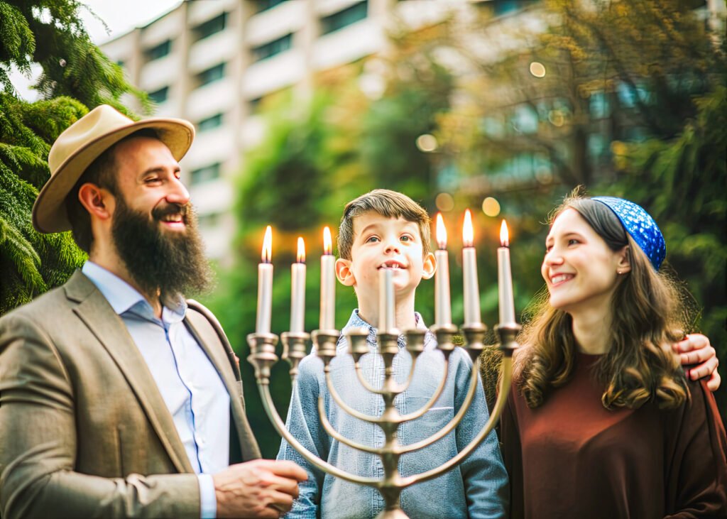 A man and a boy stand in front of a large menorah with lit candles.
