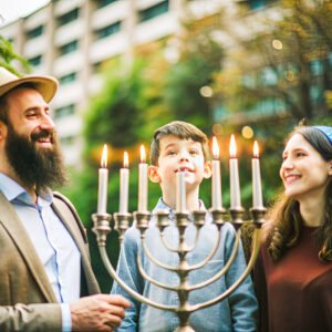 A man and a boy stand in front of a large menorah with lit candles.